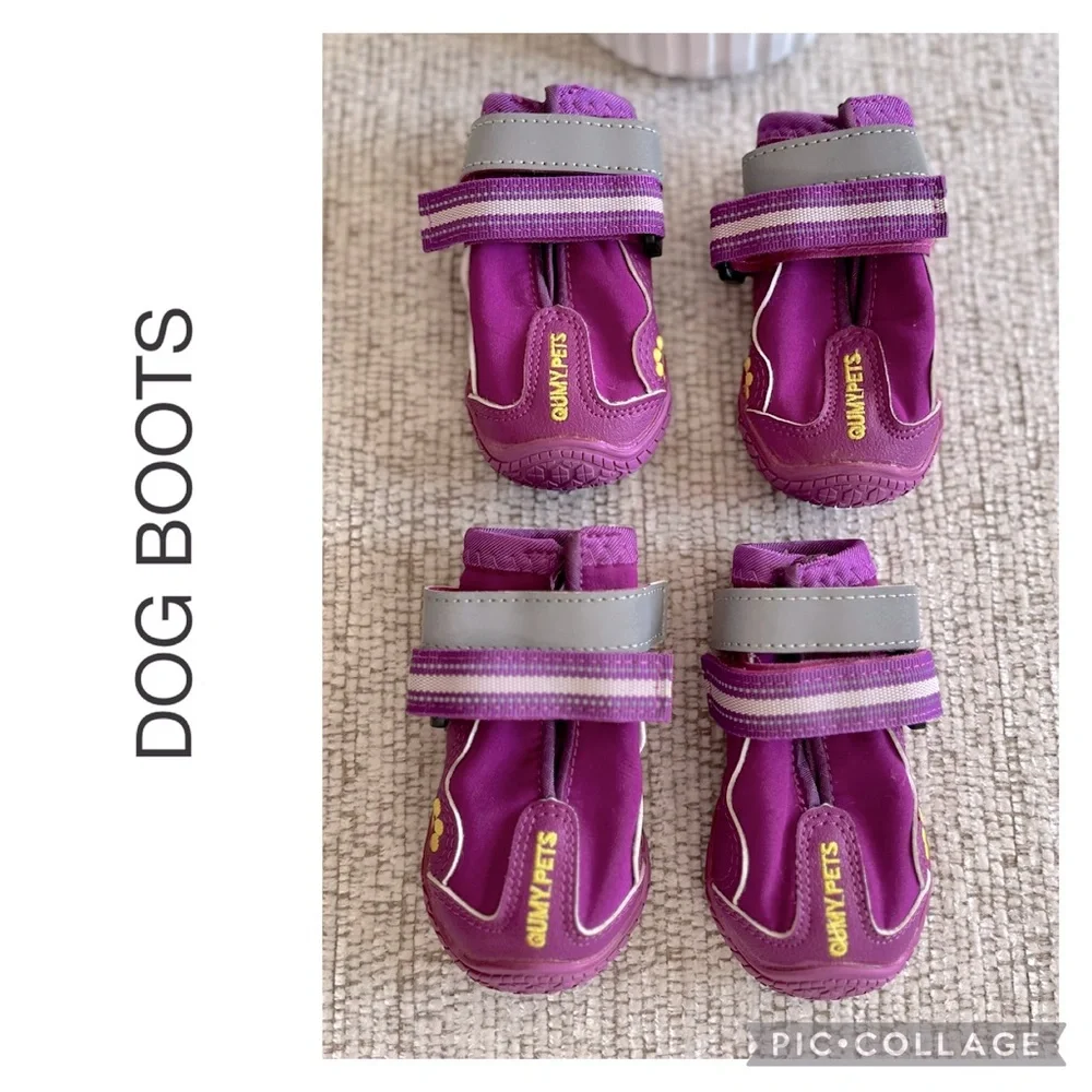 QUMY Dog Boots Waterproof Anti-Slip Reflective Shoes Purple Size 2 4-Pack + Free